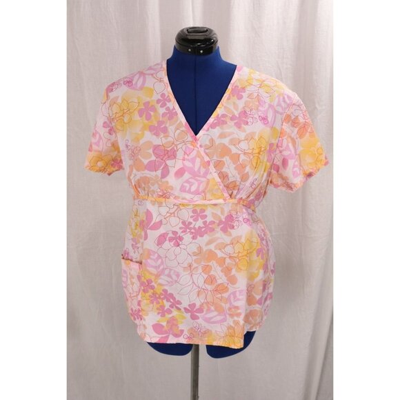 Landau Tops - Landau Women's XL Medical Uniform Scrub Top Pink Orange Floral Tie Back VTG